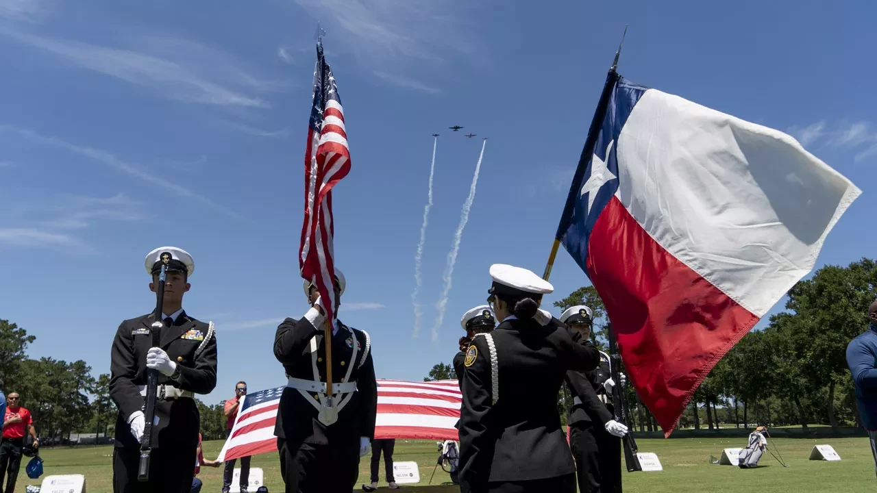 Armed Forces with USA Flag and Texas Flag.